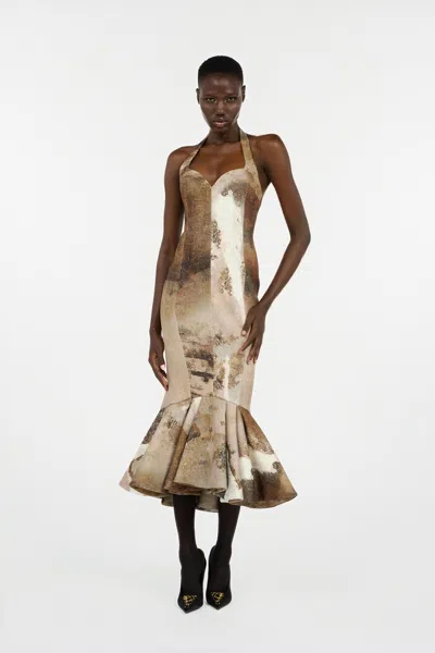Roberto Cavalli Beige Mermaid Dress With Marble Print In Brown