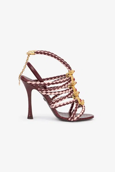 Roberto Cavalli Braided-leather Jewel-embellished Sandals In Burgundy