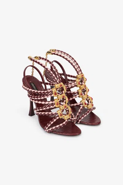 Roberto Cavalli Braided-leather Jewel-embellished Sandals In Burgundy