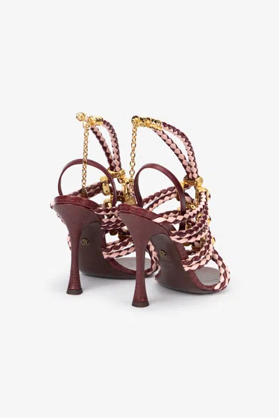 Roberto Cavalli Braided-leather Jewel-embellished Sandals In Burgundy