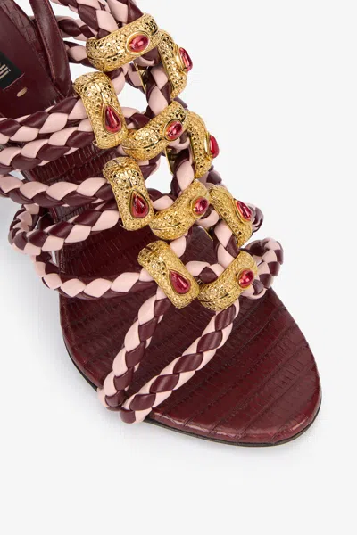 Roberto Cavalli Braided-leather Jewel-embellished Sandals In Burgundy