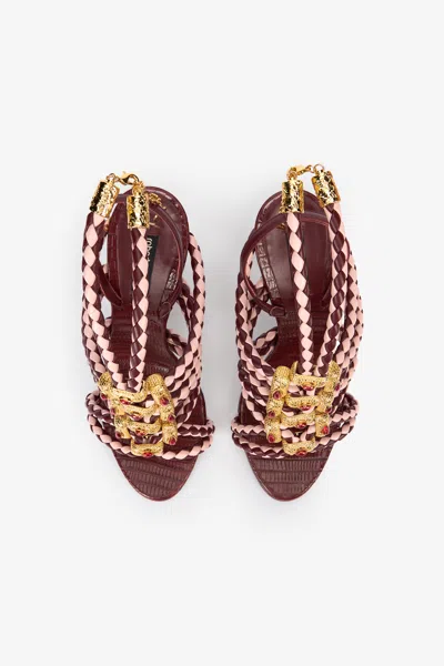 Roberto Cavalli Braided-leather Jewel-embellished Sandals In Burgundy
