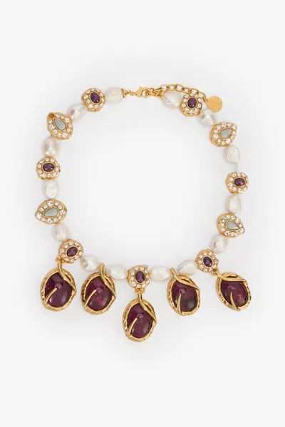 Roberto Cavalli Golden Necklace With Pearls And Amethyst-effect Stones In Gold