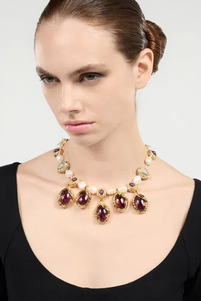 Roberto Cavalli Golden Necklace With Pearls And Amethyst-effect Stones In Gold