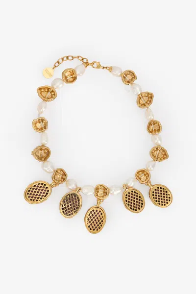 Roberto Cavalli Golden Necklace With Pearls And Amethyst-effect Stones In Gold