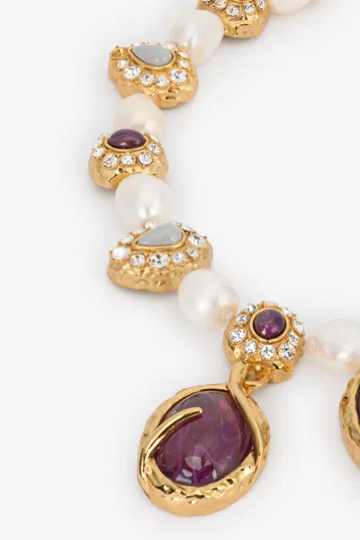 Roberto Cavalli Golden Necklace With Pearls And Amethyst-effect Stones In Gold