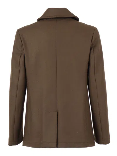 Sealup Structured Wool-polyamide Blend Peacoat With Anchor Buttons In Brown