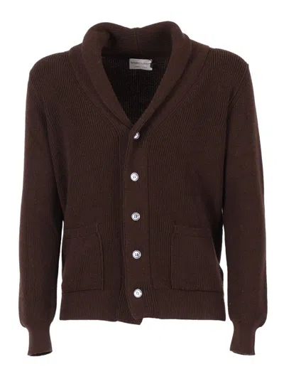 Sette Fili Cashmere Shawl Collar Wool Cardigan With Textured Knit And Front Pockets In Brown