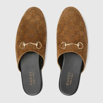 Gucci Men Brown Mule With Horsebit On The Front And All-over Gg Motif In Suede Man In Brown