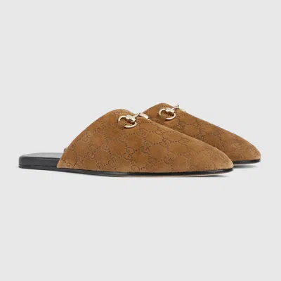 Gucci Men Brown Mule With Horsebit On The Front And All-over Gg Motif In Suede Man In Brown