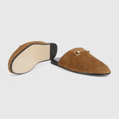 Gucci Men Brown Mule With Horsebit On The Front And All-over Gg Motif In Suede Man In Brown