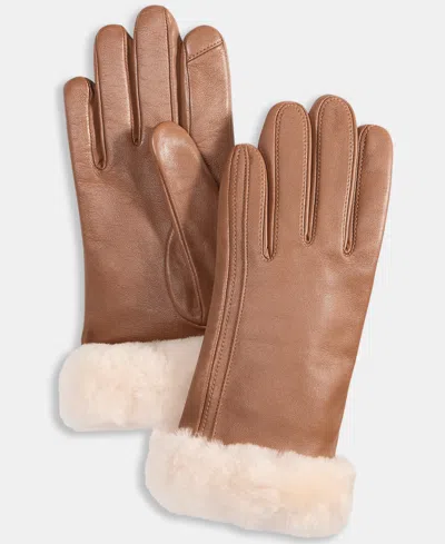 Ugg Sheepskin-cuff Leather Gloves In Brown