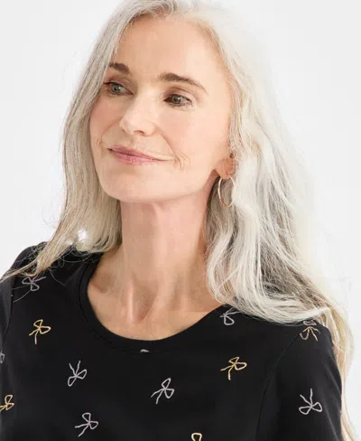 Style & Co Petite Short Sleeve Bow Print Top, Macy's Exclusive In Black