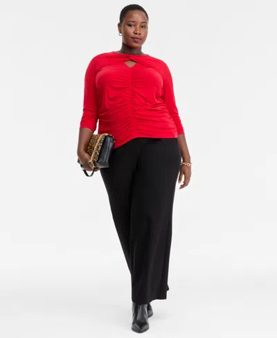 Inc International Concepts Plus Size Twist-keyhole Ruched-front Top, Macy's Exclusive In Red