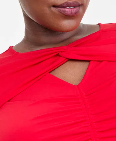 Inc International Concepts Plus Size Twist-keyhole Ruched-front Top, Macy's Exclusive In Red