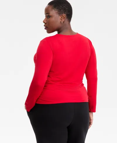 Inc International Concepts Plus Size Twist-keyhole Ruched-front Top, Macy's Exclusive In Red