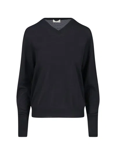 Ma'ry'ya Classic Black Knit Sweater With Round Neckline In Blue