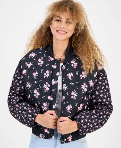 Rebel Veil Juniors' Floral-print Quilted Bomber Jacket In Black