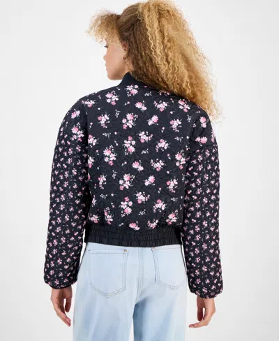 Rebel Veil Juniors' Floral-print Quilted Bomber Jacket In Black
