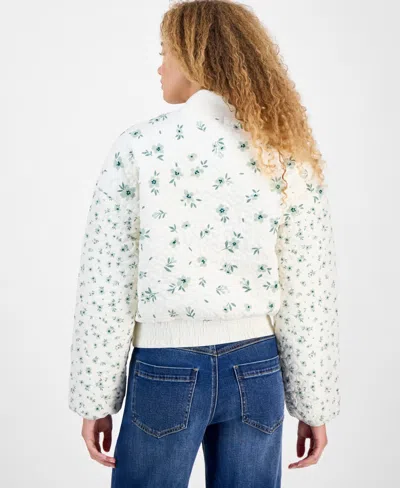 Rebel Veil Juniors' Floral-print Quilted Bomber Jacket In White
