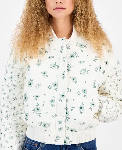 Rebel Veil Juniors' Floral-print Quilted Bomber Jacket In White