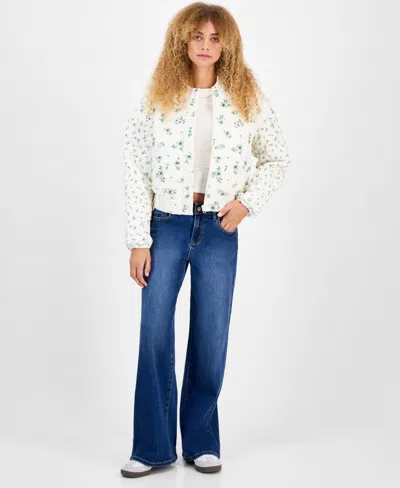Rebel Veil Juniors' Floral-print Quilted Bomber Jacket In White