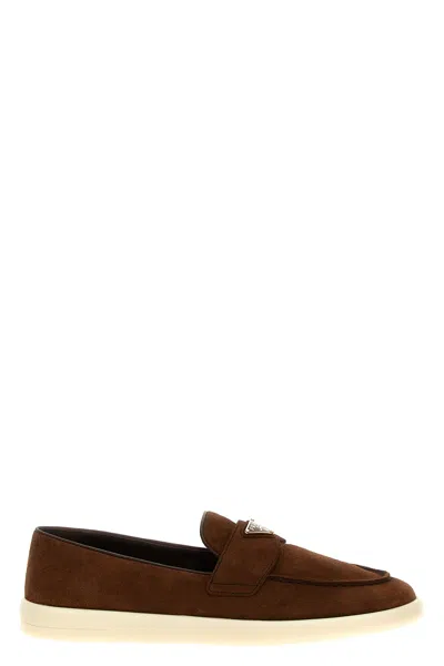 Prada Almond Toe Leather Loafers With Suede Finish In Multicolor