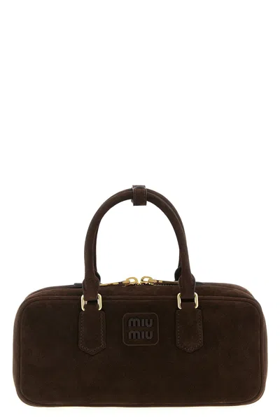 Miu Miu Large Suede Tote Bag With Shoulder Strap In Brown