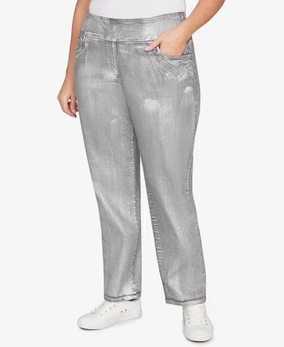 Ruby Rd. Plus Size Metallic Painted Pull On Jeans In Silver