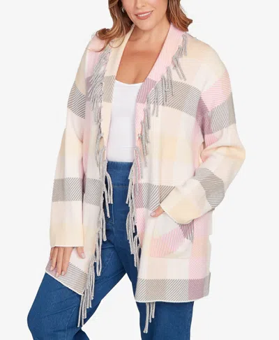 Ruby Rd. Plus Size Luxe Plaid Fringed Cardigan Sweater In Multi