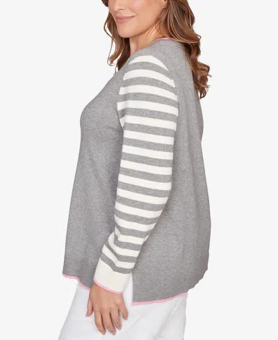 Ruby Rd. Plus Size Maltese Puppy Striped Sleeve Sweater In Green
