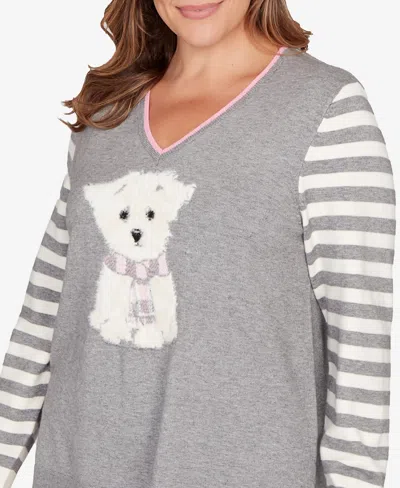 Ruby Rd. Plus Size Maltese Puppy Striped Sleeve Sweater In Green