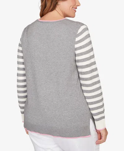 Ruby Rd. Plus Size Maltese Puppy Striped Sleeve Sweater In Green