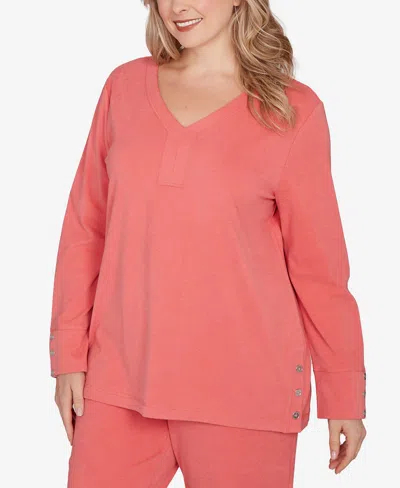 Ruby Rd. Plus Size Luxe Rib V-neck Button Accent Knit Top In Orange