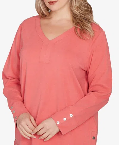 Ruby Rd. Plus Size Luxe Rib V-neck Button Accent Knit Top In Orange