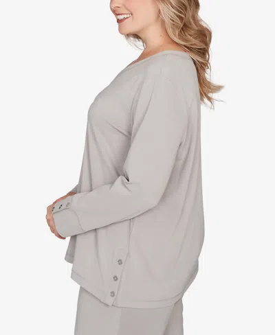 Ruby Rd. Plus Size Luxe Rib V-neck Button Accent Knit Top In Gray
