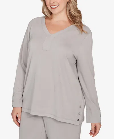 Ruby Rd. Plus Size Luxe Rib V-neck Button Accent Knit Top In Gray