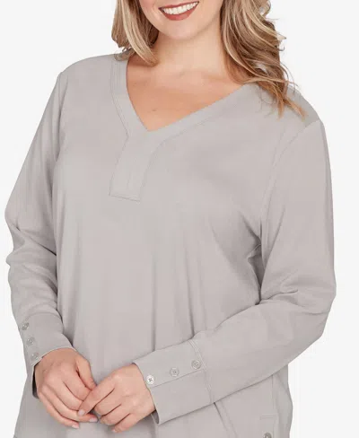 Ruby Rd. Plus Size Luxe Rib V-neck Button Accent Knit Top In Gray