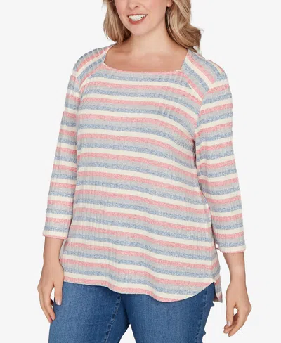 Ruby Rd. Plus Size Marled Stripe Envelope Neck Rib Knit Top In Neutral