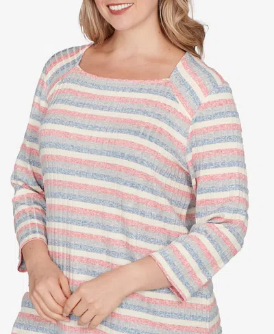 Ruby Rd. Plus Size Marled Stripe Envelope Neck Rib Knit Top In Neutral