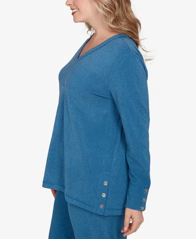 Ruby Rd. Plus Size Luxe Rib V-neck Button Accent Knit Top In Blue
