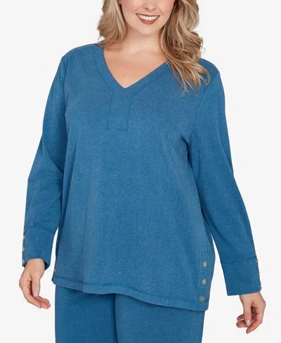 Ruby Rd. Plus Size Luxe Rib V-neck Button Accent Knit Top In Blue