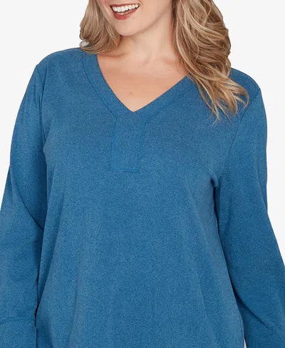 Ruby Rd. Plus Size Luxe Rib V-neck Button Accent Knit Top In Blue
