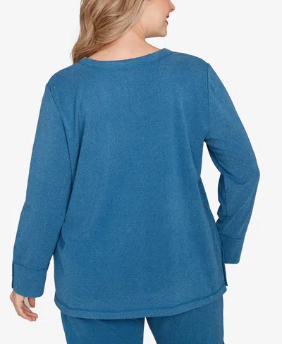 Ruby Rd. Plus Size Luxe Rib V-neck Button Accent Knit Top In Blue