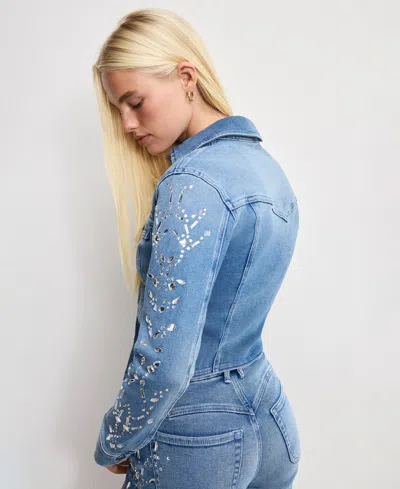 Good American Womens Dolly's Joleans Crystal-embellished Stretch-denim Jacket Indigo1089 In Blue