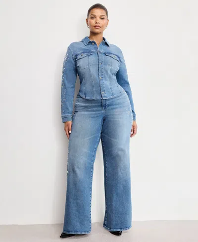Good American Womens Dolly's Joleans Crystal-embellished Stretch-denim Jacket Indigo1089 In Blue