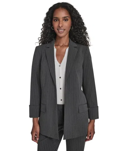 Calvin Klein Petite Pinstripe Pattern Rollback Cuff Open Front Jacket In Gray