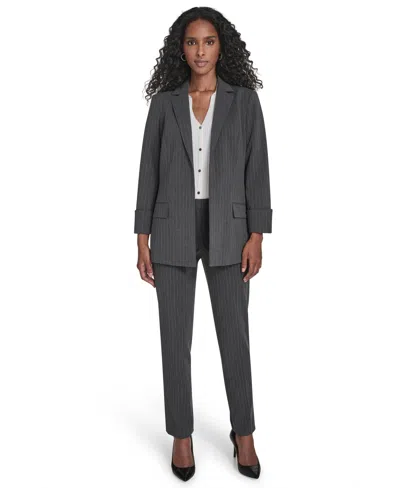 Calvin Klein Petite Pinstripe Pattern Rollback Cuff Open Front Jacket In Gray