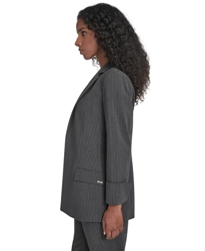 Calvin Klein Petite Pinstripe Pattern Rollback Cuff Open Front Jacket In Gray