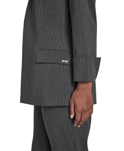 Calvin Klein Petite Pinstripe Pattern Rollback Cuff Open Front Jacket In Gray